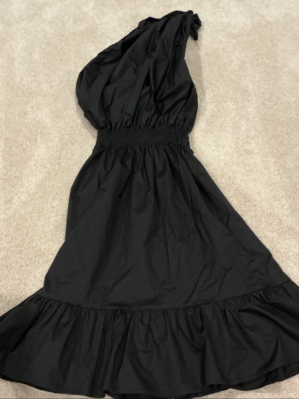 MONICA NERA Black poplin One-Shoulder Ruffle Hem Dress